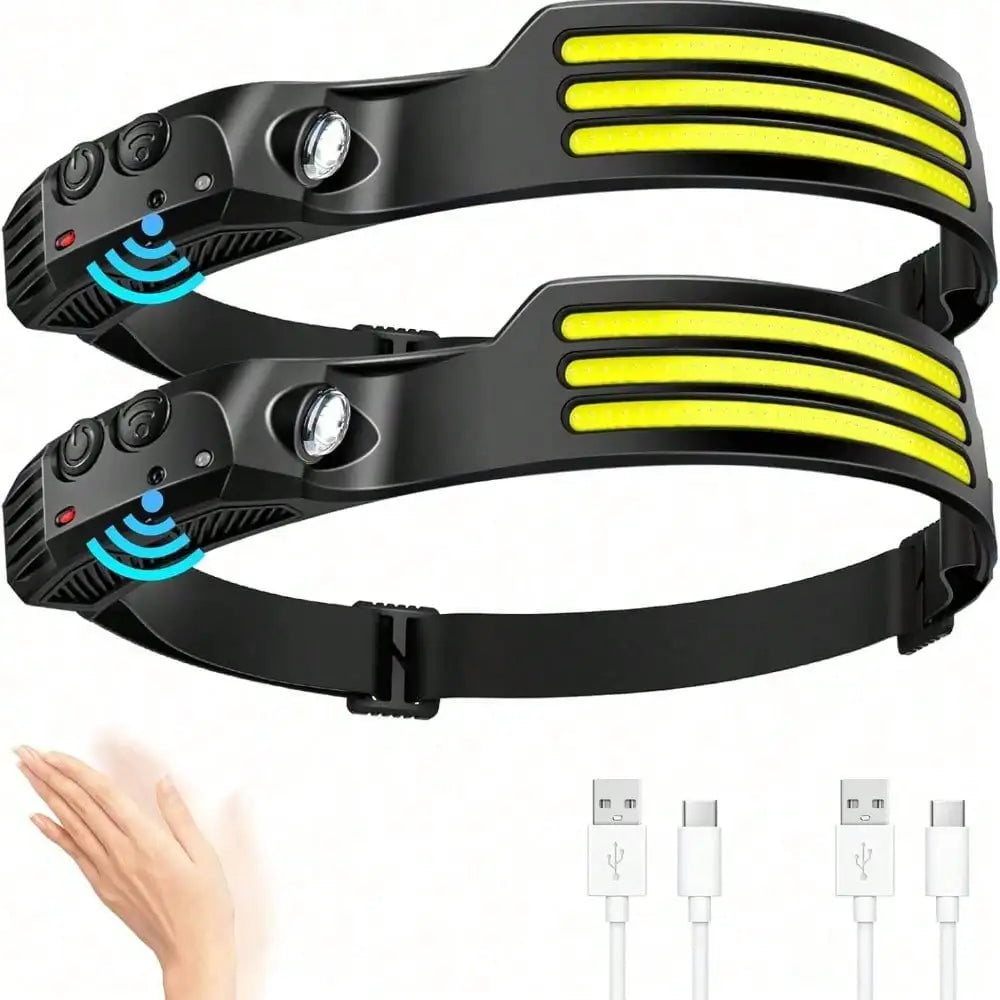Two LED headlamps, adult helmet lights, USB-C interface headband flashlights, suitable for work, hiking, running, camping.