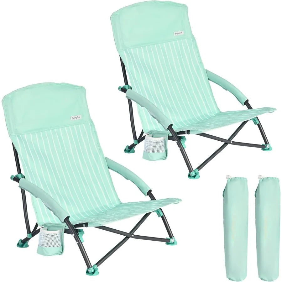 Folding Low Camping Beach Chair 2 Pack Lightweight Portable Lawn Chair with Mesh Back Cup Holder for Outdoor Travel Picnic Conc