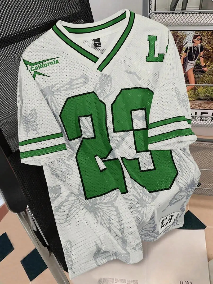 Men's Oversized Mesh Jersey Tee with Bold Number Print and Butterfly Pattern, Red & Cream V-Neck Streetwear Top