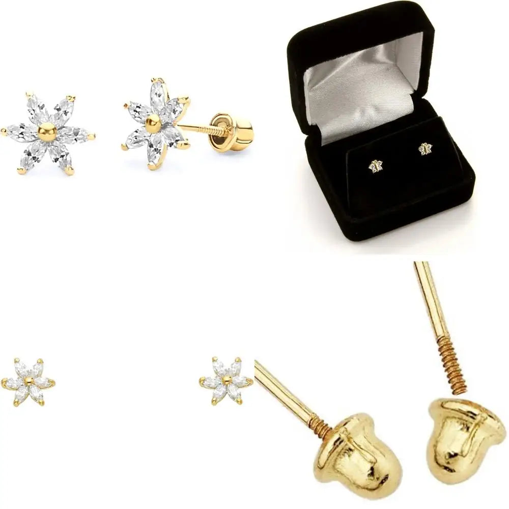 Real Yellow Gold Flower Stud Earrings with Screw Back, 3 Color Options, High-Quality Jewelry