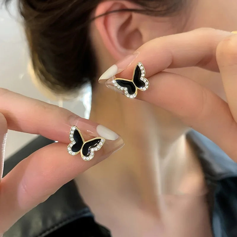 Cute Small Butterfly Stud Earrings for Women Fashion Black Enamel Oil Crystal Wings Side Insect Earrings Elegant Jewelry Gift