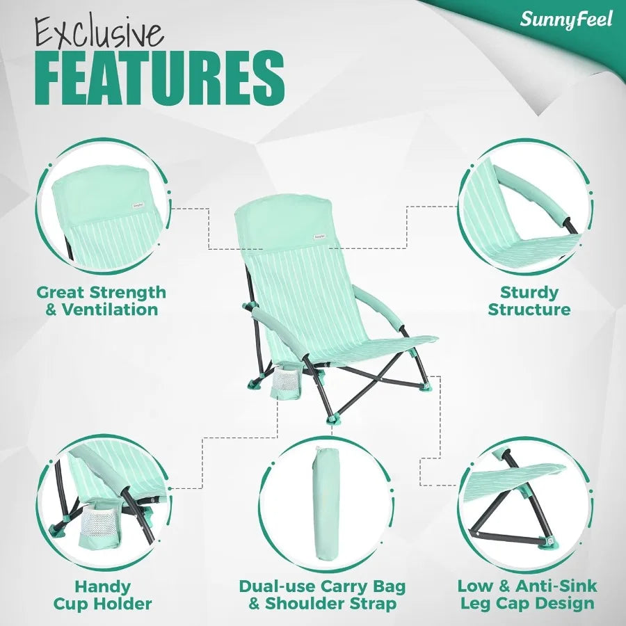 Folding Low Camping Beach Chair 2 Pack Lightweight Portable Lawn Chair with Mesh Back Cup Holder for Outdoor Travel Picnic Conc