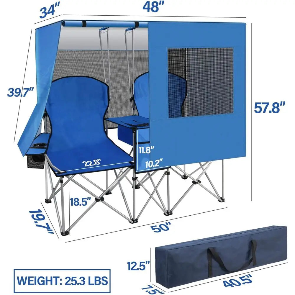 Durable Double Camping Chair with Canopy, Heavy-Duty Folding Beach Seat for Adults, Outdoor Chair with Cooler Bag for Sports, Be