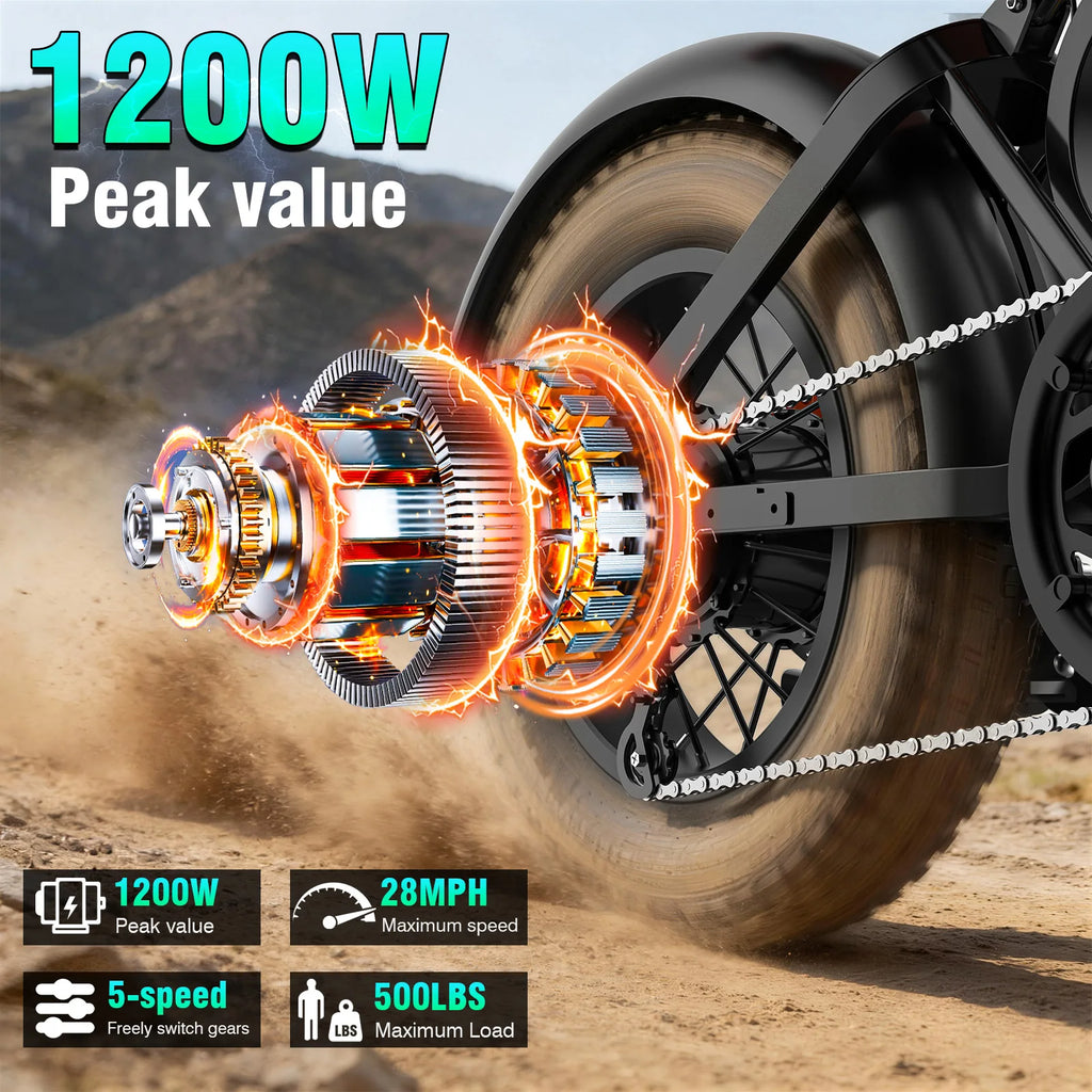 1200W All-terrain Electric Motorcycle, 48V18Ah Adult Electric Dirt Bike, 28MPH, 5-speed Variable Speed, Load Capacity of 500LBS