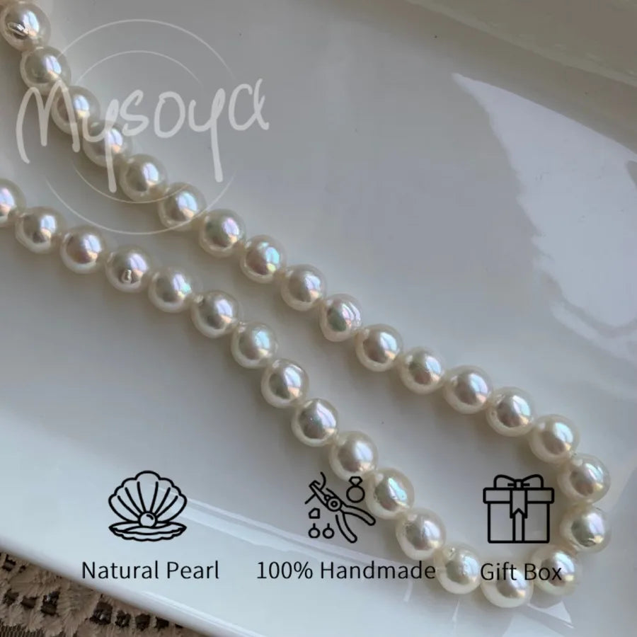 MYSOYA White Baroque Akoya Pearl Necklace 7.5-8mm S925 Silvery Clasp with Gift Box Wedding Jewelry for Daily/ Birthday