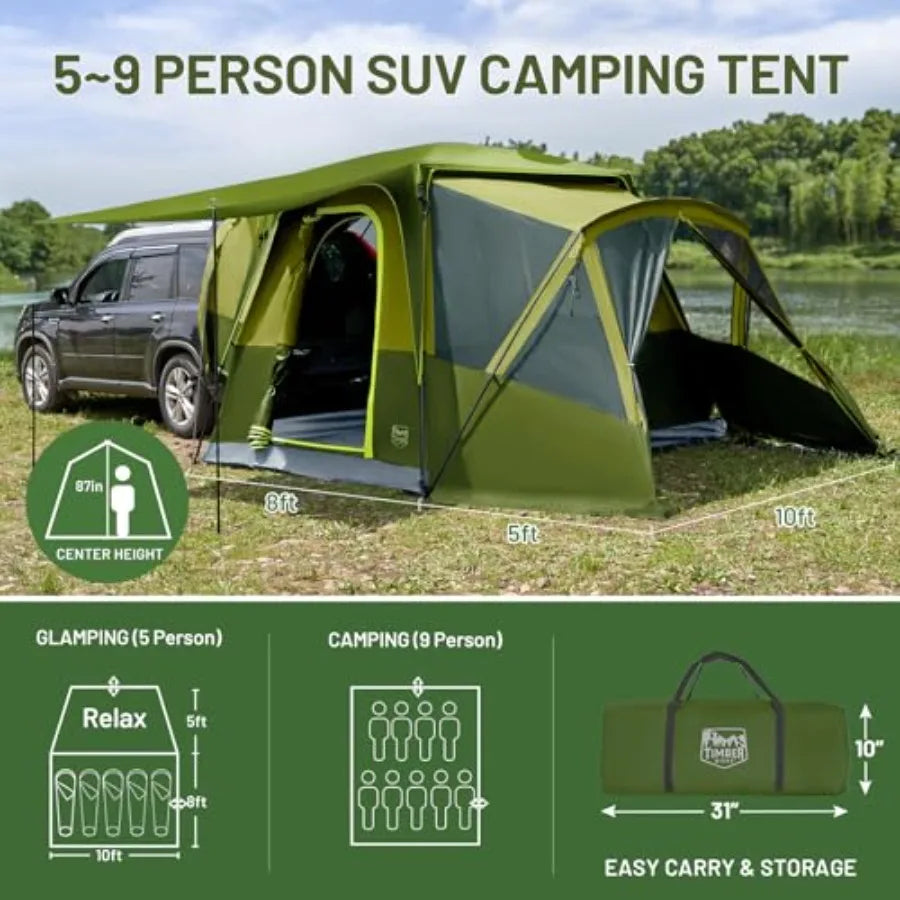 5-9 Person SUV Tent with Screen Porch and Awning for Family Camping Weather Resistant and Portable Van or Car Tent Includes Rai