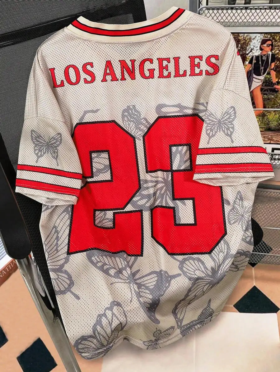 Men's Oversized Mesh Jersey Tee with Bold Number Print and Butterfly Pattern, Red & Cream V-Neck Streetwear Top