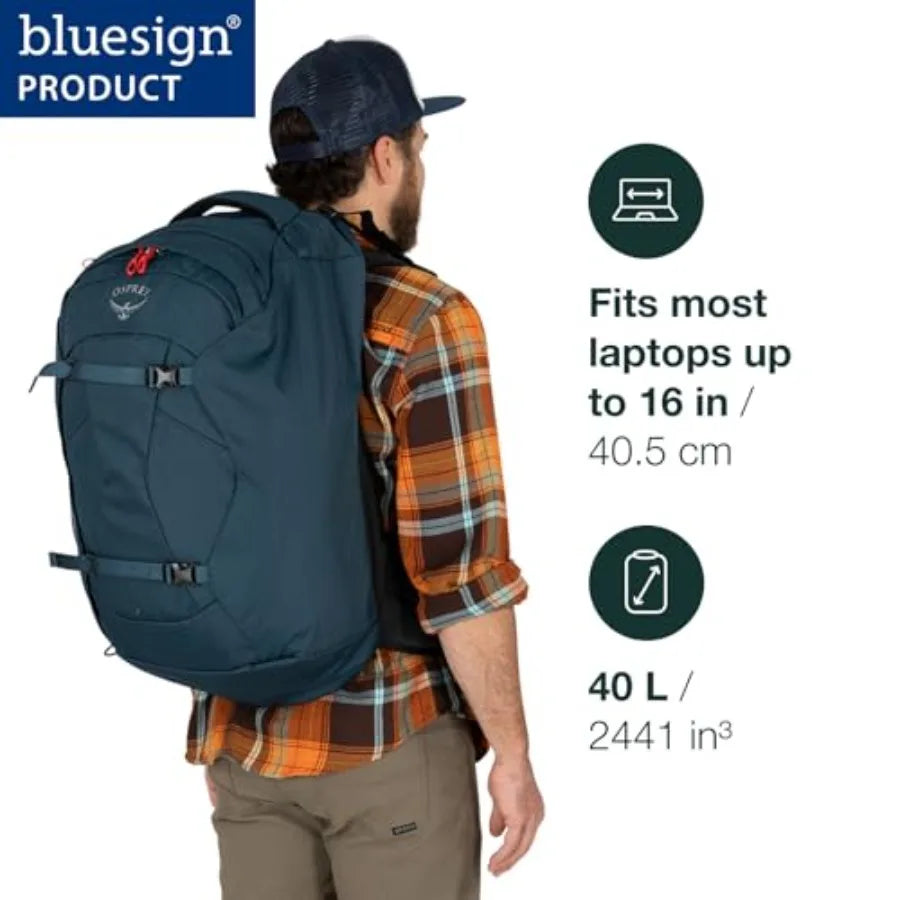 40L Men's Travel Backpack for Outdoor Adventures Muted Space Blue Durable Polyester Material Lightweight and Comfortable with A