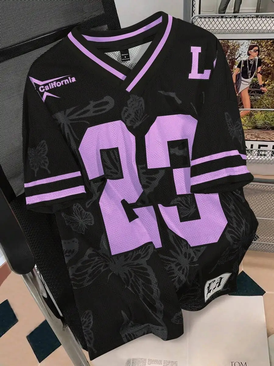 Men's Oversized Mesh Jersey Tee with Bold Number Print and Butterfly Pattern, Red & Cream V-Neck Streetwear Top