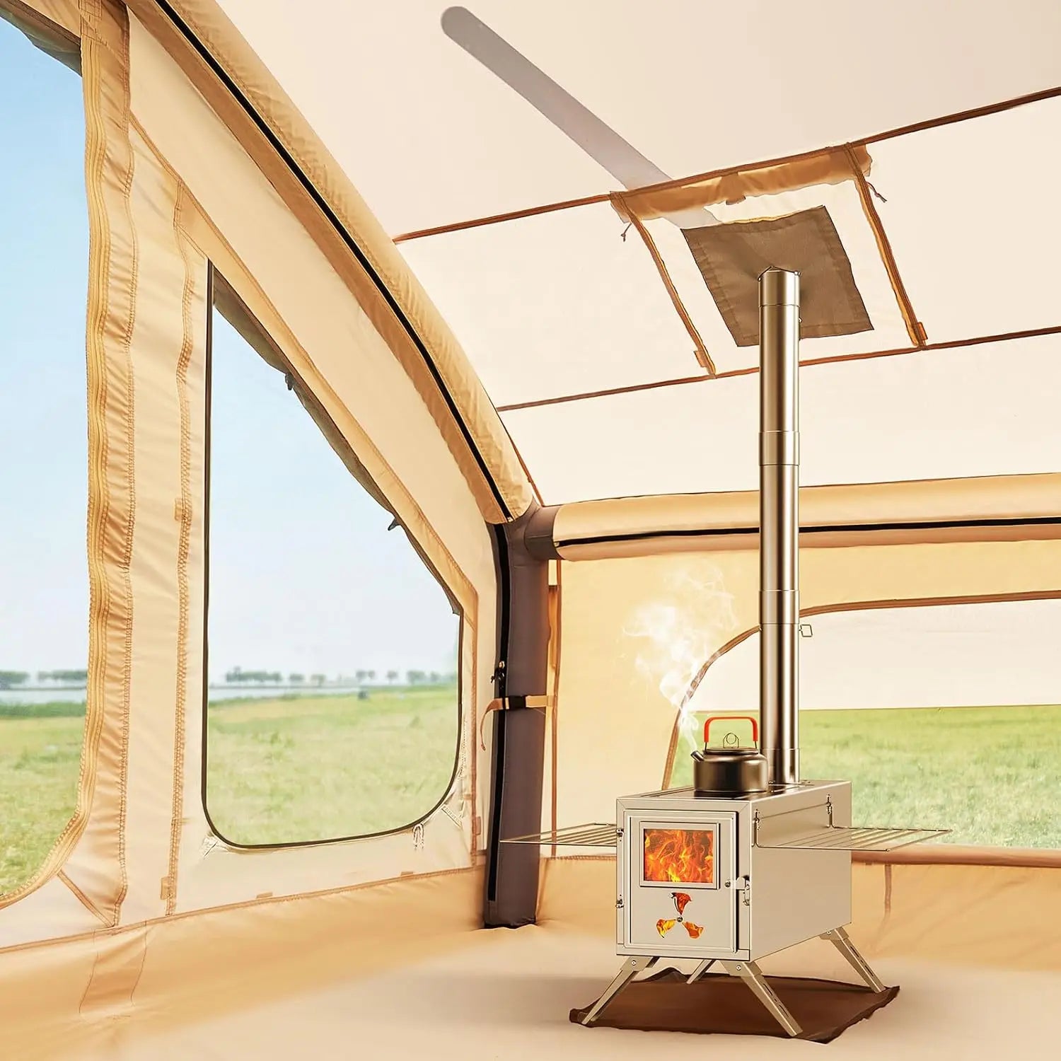 Inflatable Camping Tent with Manual Pump for 1-5 People, Luxury Oxford Tent with Double Door Windows for Easy Set-up Four Se