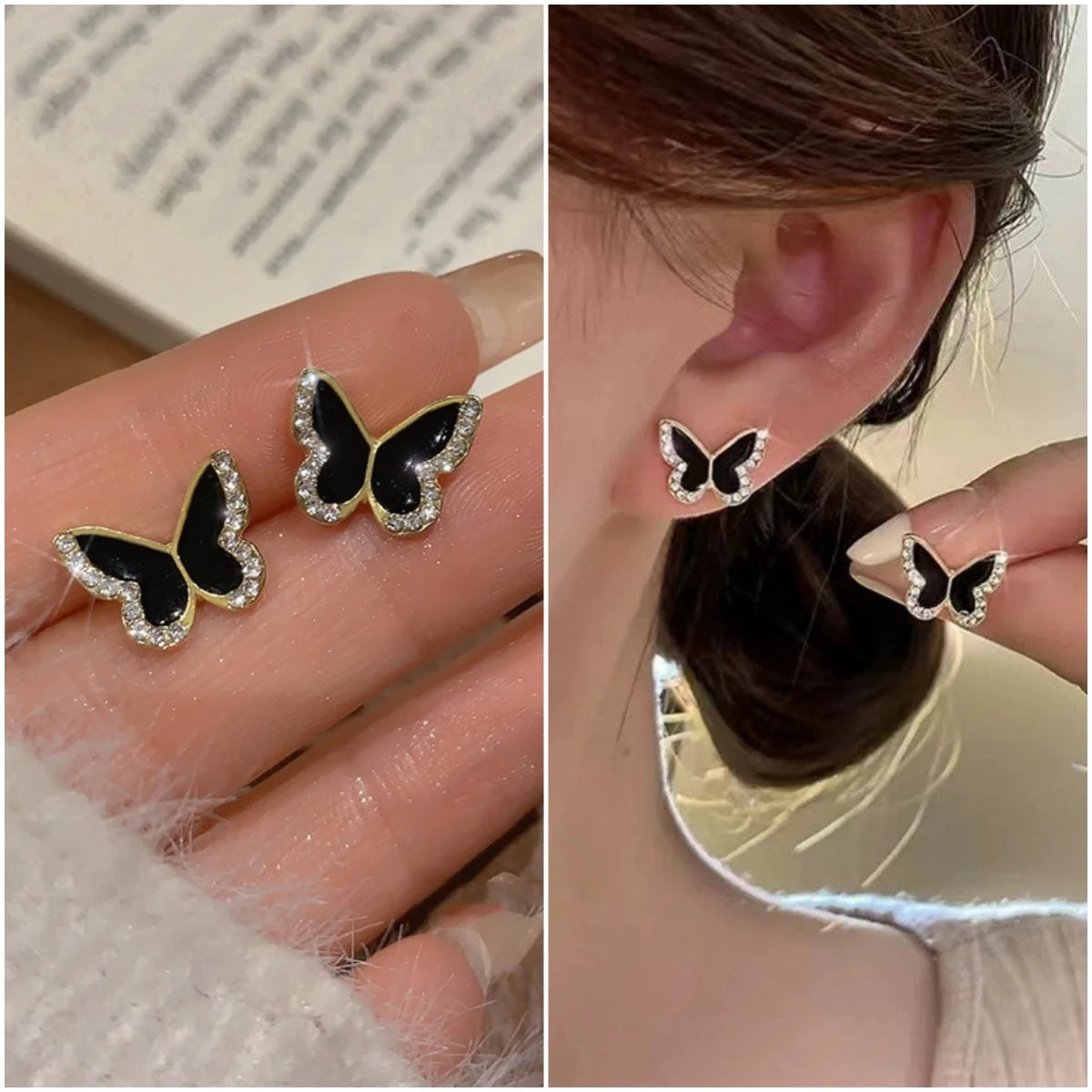 Cute Small Butterfly Stud Earrings for Women Fashion Black Enamel Oil Crystal Wings Side Insect Earrings Elegant Jewelry Gift