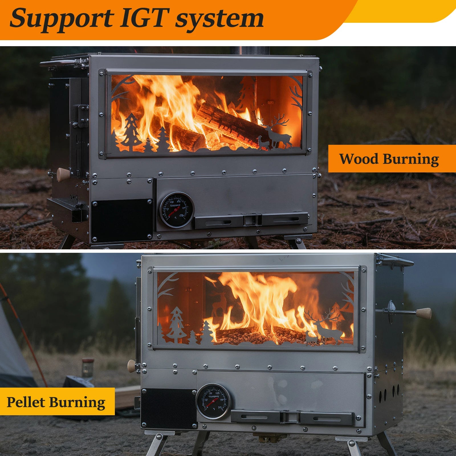 Wood Burning Tent Stove 6 Section Stainless Steel Chimney Portable Hot Tent Stove for Camping, Hunting, Ice Fishing Backpacking
