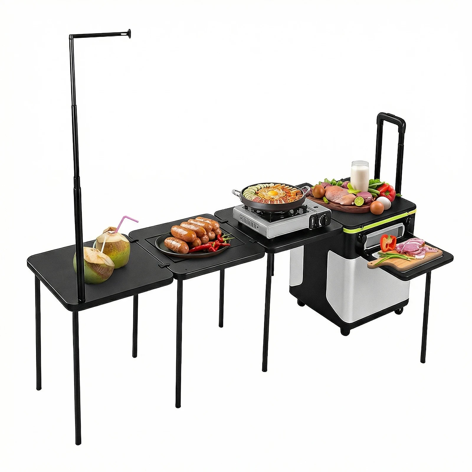 Portable Folding Kitchen Table with Wheels Portable Folding Camp Cook Station with Light Poles for Home BBQ Tailgates Cookouts