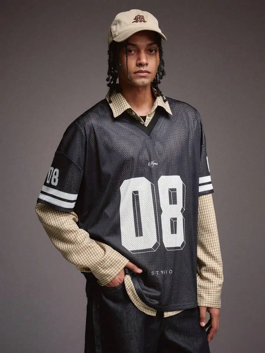 Men's Oversized Mesh Jersey Tee with Bold Number Print and Butterfly Pattern, Red & Cream V-Neck Streetwear Top