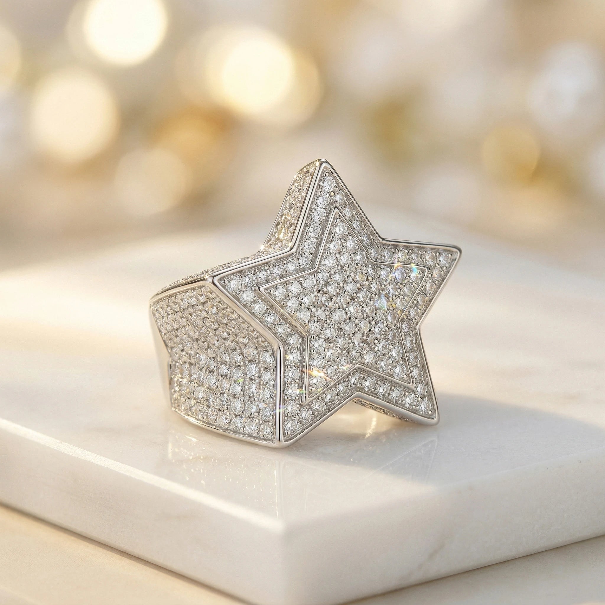 Five-Pointed Star Moissanite Ring, 925 Silver, D Color VVS1, Heavy Full Pave, Men's Street Style Rap, w/ Cert
