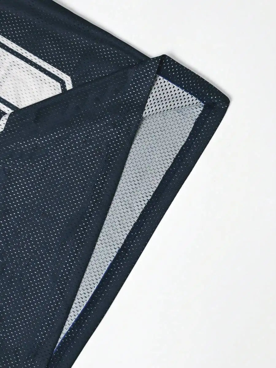 Men's Navy Mesh Jersey Tee with Bold Numeric Print and Stripe Sleeves