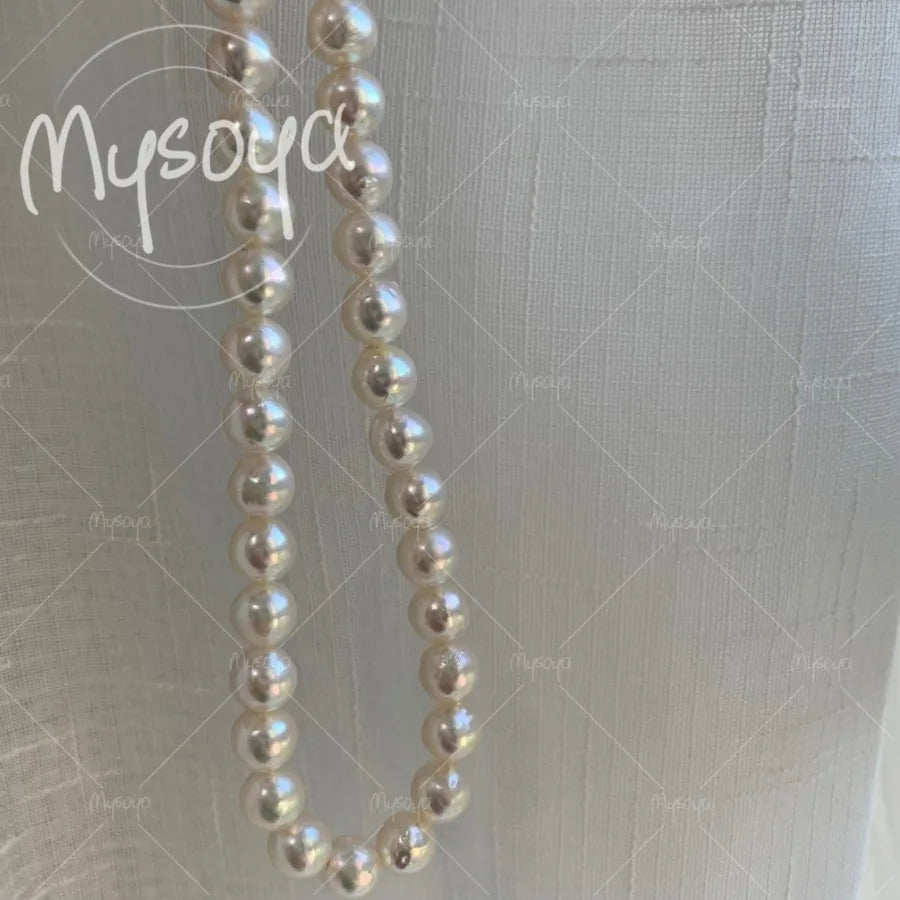 MYSOYA White Baroque Akoya Pearl Necklace 7.5-8mm S925 Silvery Clasp with Gift Box Wedding Jewelry for Daily/ Birthday