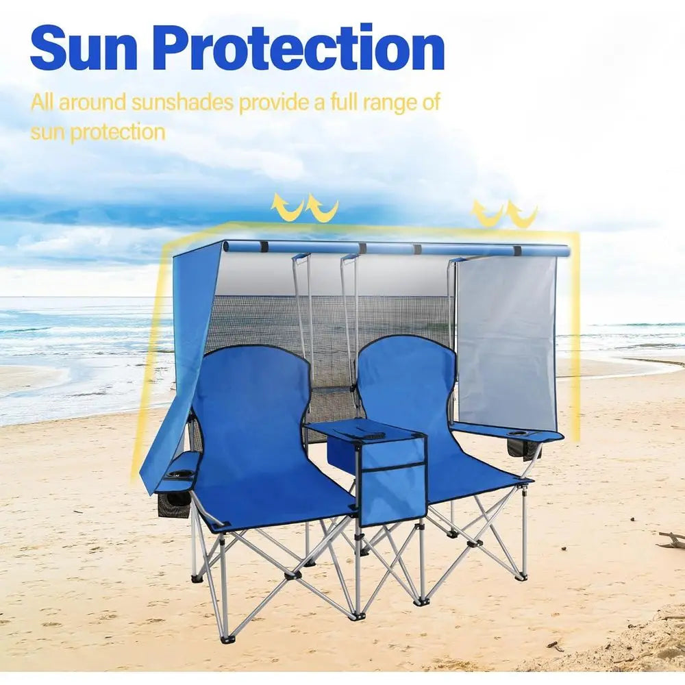 Durable Double Camping Chair with Canopy, Heavy-Duty Folding Beach Seat for Adults, Outdoor Chair with Cooler Bag for Sports, Be