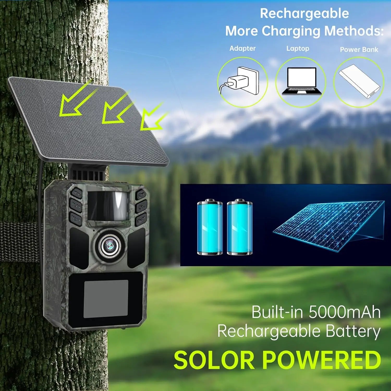 Trail Camera 4K 64MP Solar WiFi Game Hunting Camera with Night Vision, IP67 Waterproof, Motion Activated, 5000mAh Battery