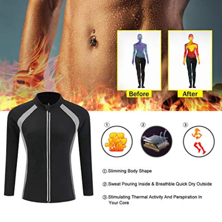 Women Sauna Suit Waist Trainer Jacket Hot Sweat Top Neoprene Body Shaper Workout Suit Running Cycling Jersey Black