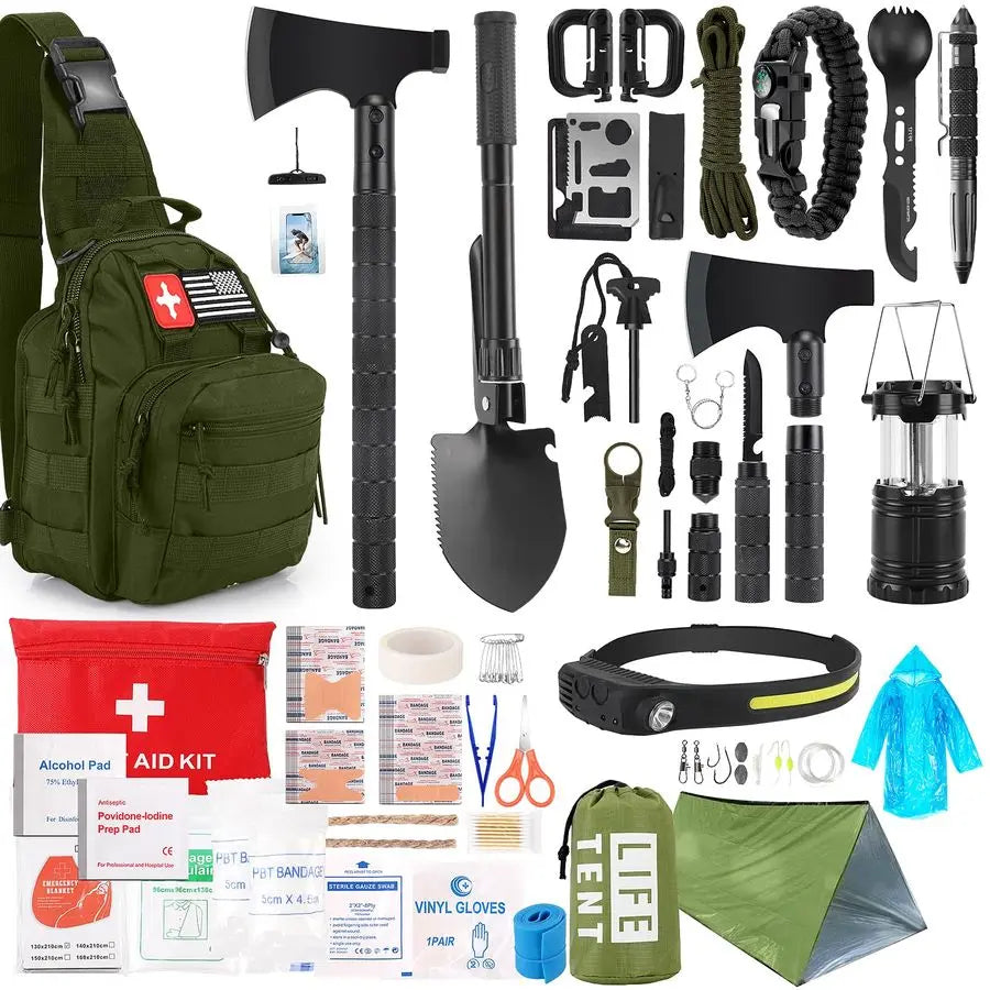 Kit, 268 Pcs Emergency Survival Gear and Equipment Supplies with First Aid Kit, Camping Axe, Headlamp, Crossbody Bag for Camping