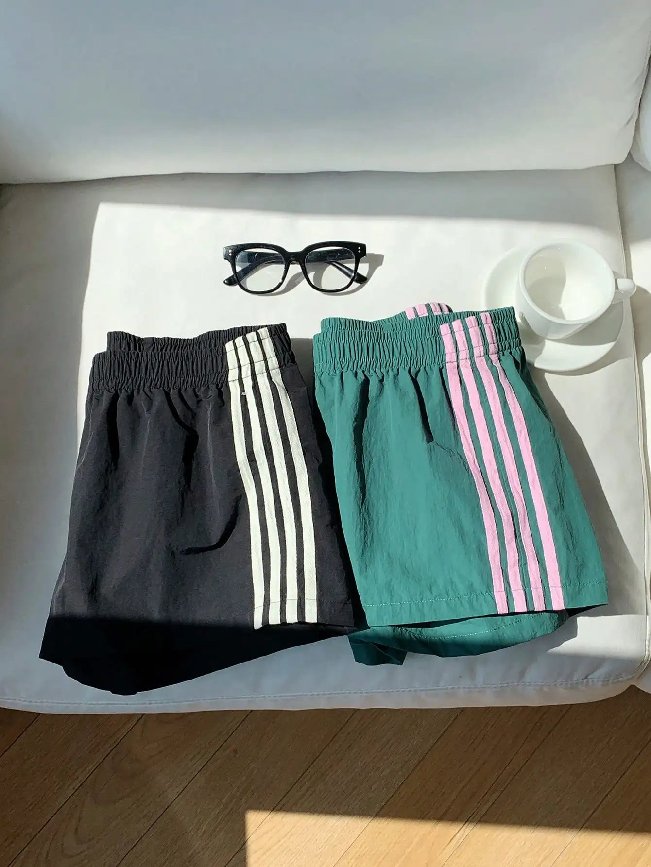 2pcs Women's Side Stripe Elastic Waist Loose Sports Shorts, Summer Casual Streetwear, Black & Green