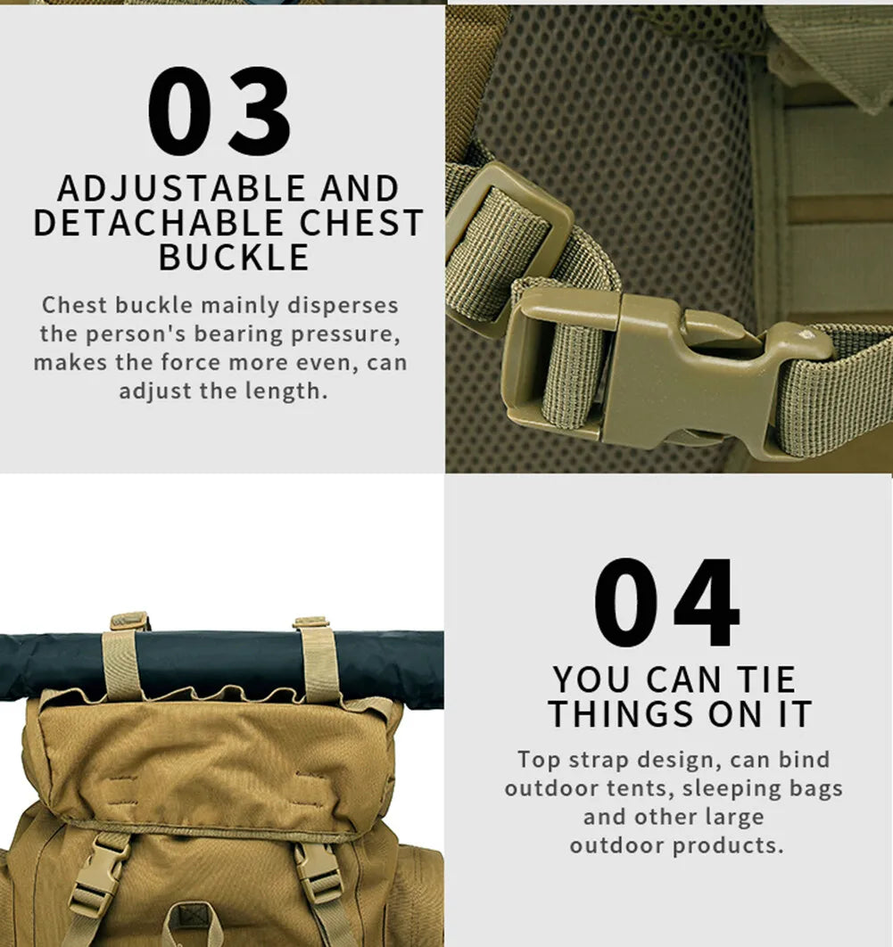 65L Military MOLLE Large Capacity Backpack Daypack Bag with Internal Frame Waterproof Rucksack for Camping Hiking