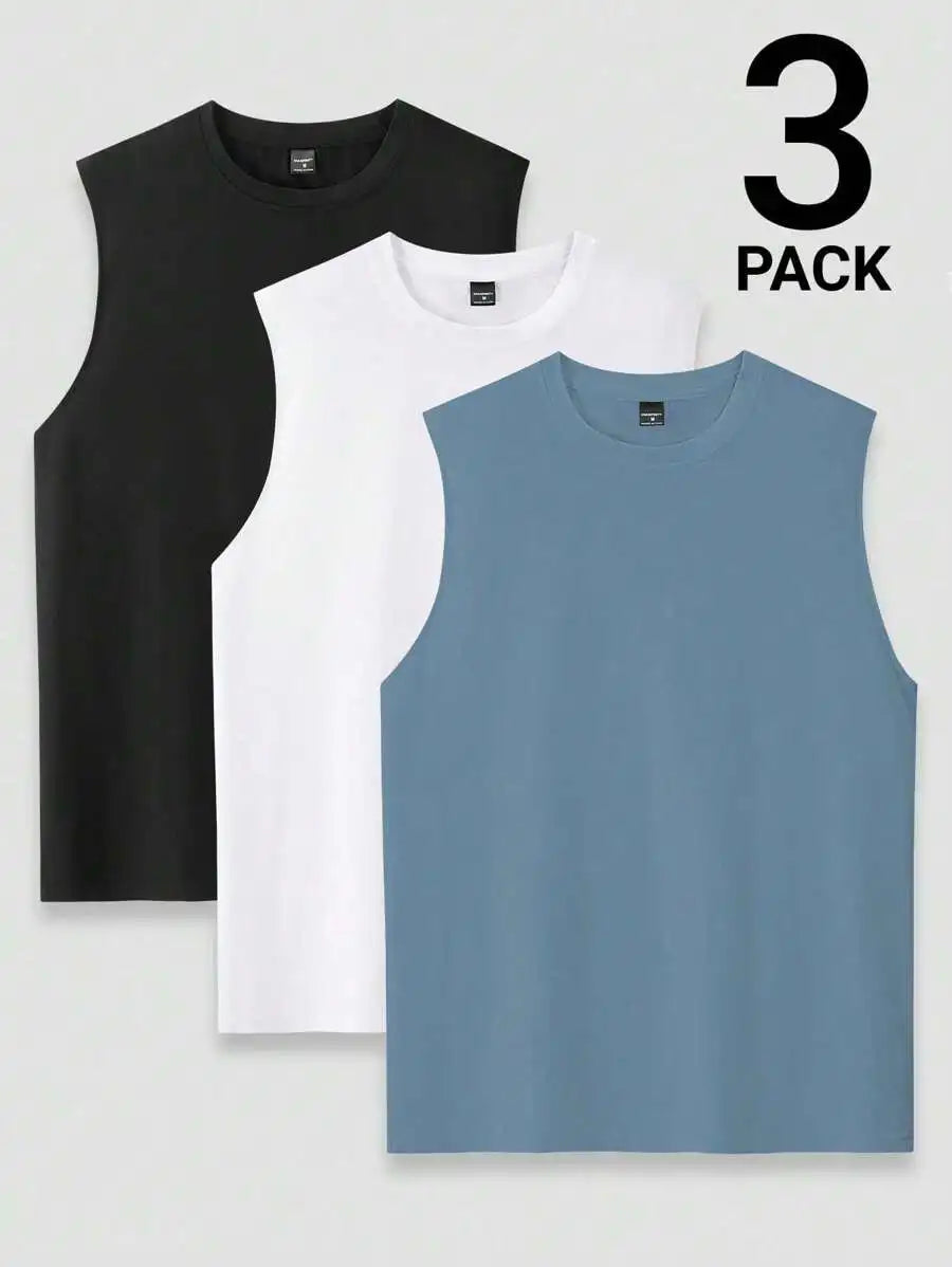 Men's 3-Pack Sleeveless Round Neck Tank Tops - Black, White, Gray