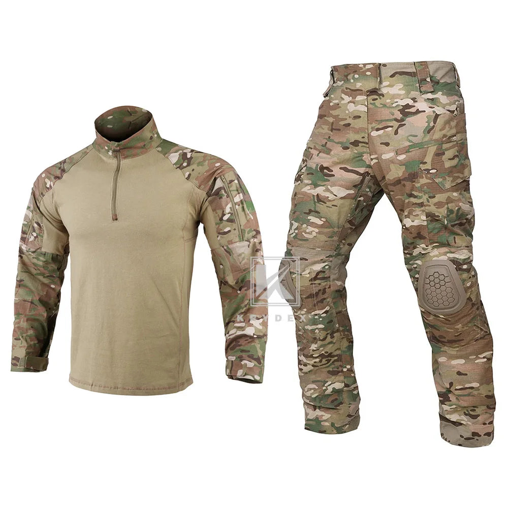 KRYDEX Tactical Combat Suit Shirt & Pants with Knee Pads Hunting Men Clothing Camouflage Uniform Set Camo Ranger Green