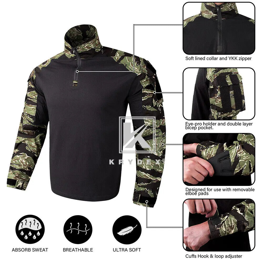 KRYDEX Camouflage Combat Uniform Clothing Hunting Hiking Tactical Shirt & Pants Suit Kit Tiger Stripe Camo