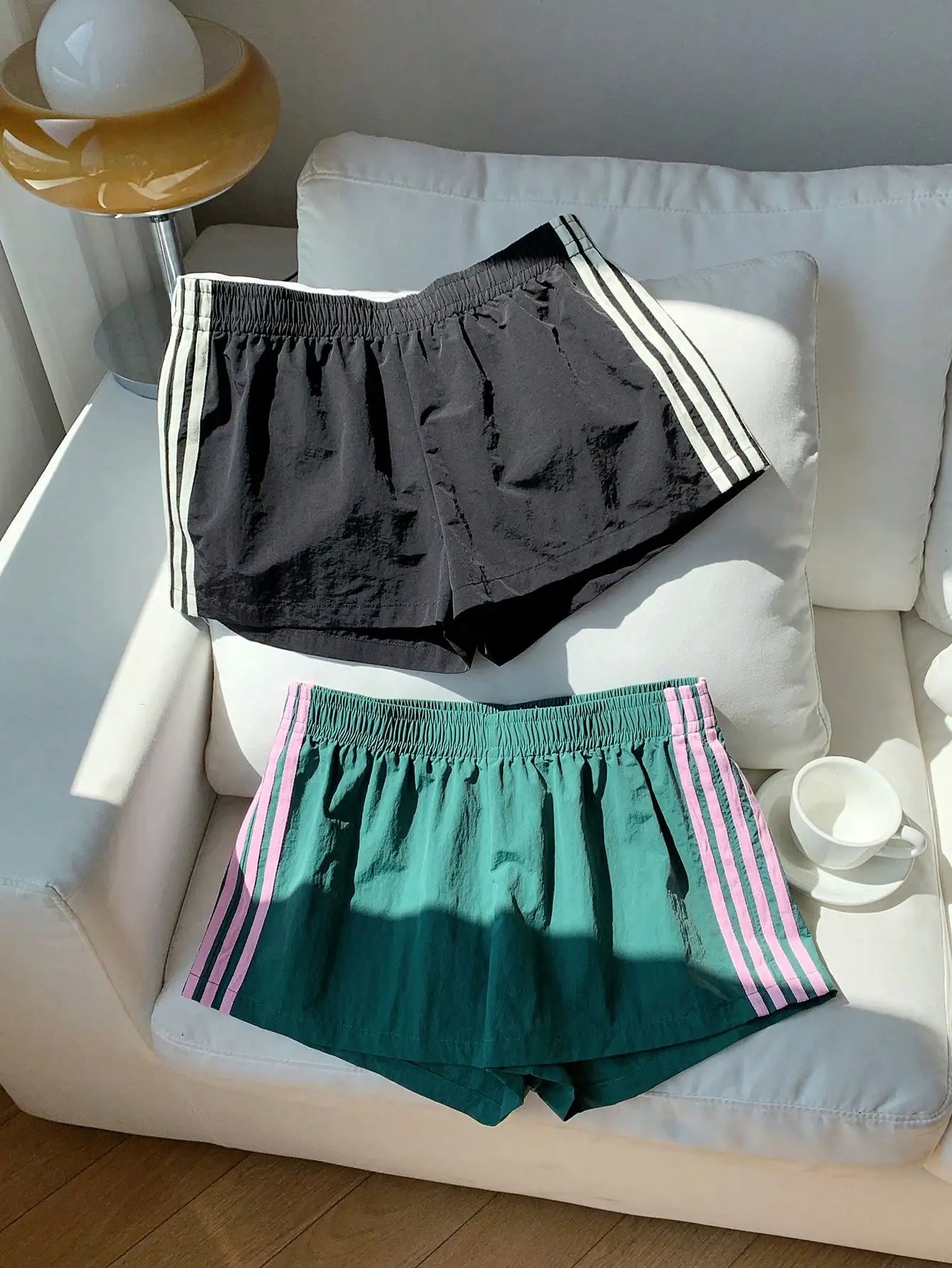 2pcs Women's Side Stripe Elastic Waist Loose Sports Shorts, Summer Casual Streetwear, Black & Green