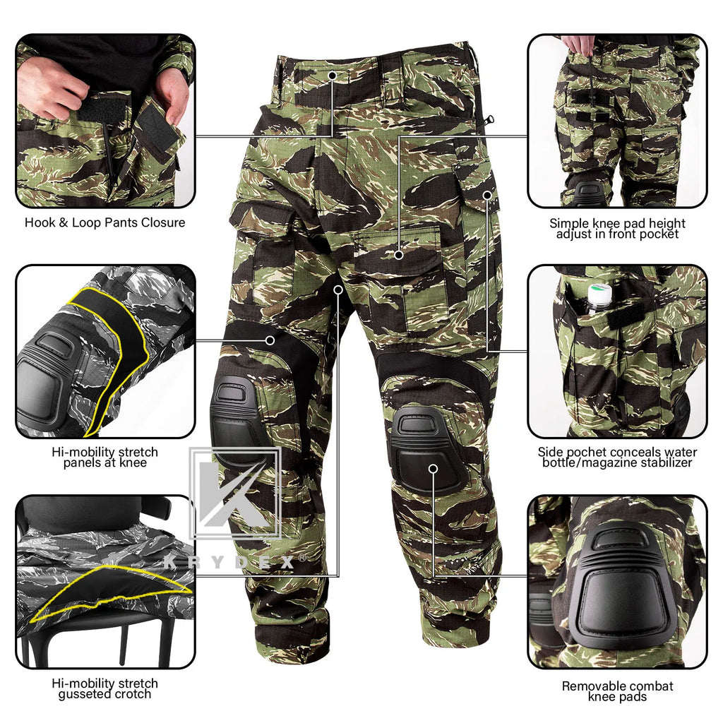 KRYDEX Camouflage Combat Uniform Clothing Hunting Hiking Tactical Shirt & Pants Suit Kit Tiger Stripe Camo