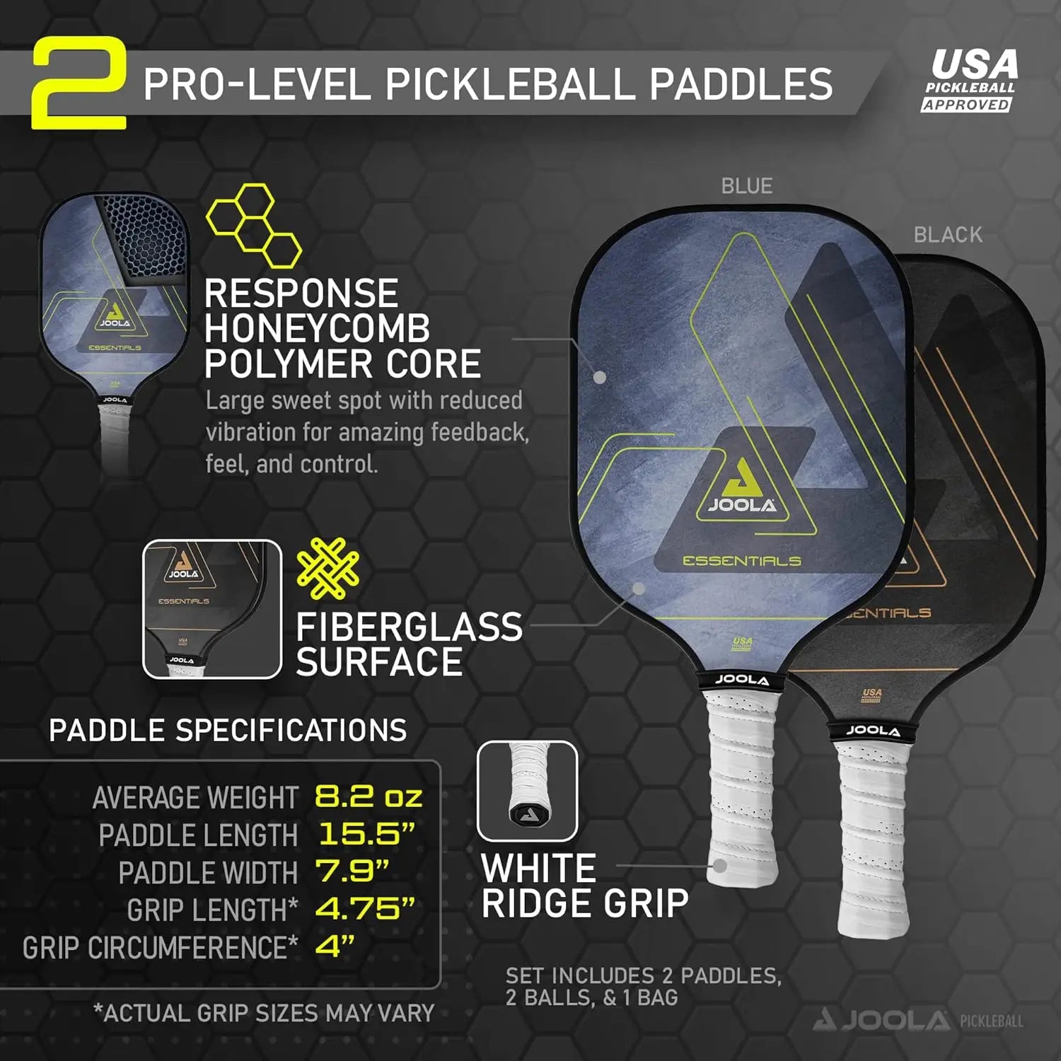Pickleball Paddles & Sets - Agassi or Essentials Shape, Fiberglass/Carbon Surface, Approved for Play with Balls & Bag