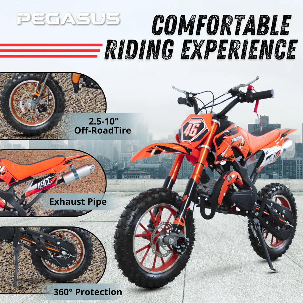 49cc Kids Dirt Bike, 2-Stroke Gas Powered Mini Motorcycle for Kids 8-14, Dual Disc Brakes, Front & Rear Suspension, 10” Off-Road