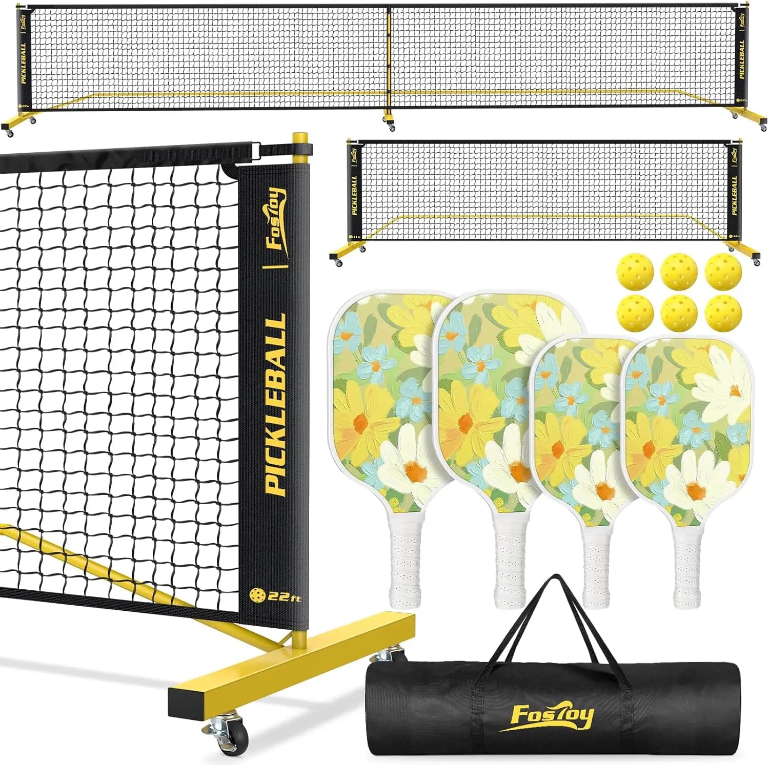 Portable Pickleball Set with 4 Fiberglass Paddles, 6 Balls & Carry Bag for Driveway, Garage, Kids & Adults