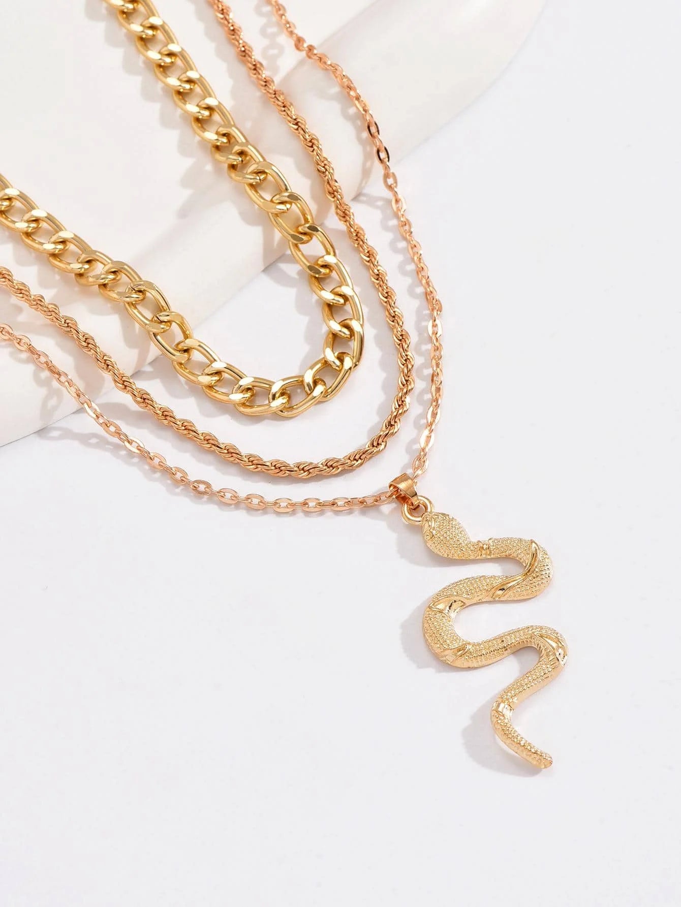 3-Layer Gold Snake Pendant Necklace Set for Women, Chunky Chain & Rope Layering Jewelry