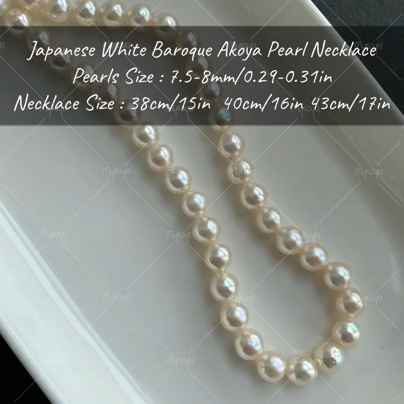 MYSOYA White Baroque Akoya Pearl Necklace 7.5-8mm S925 Silvery Clasp with Gift Box Wedding Jewelry for Daily/ Birthday