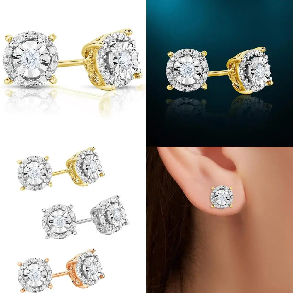 Sterling Silver Women's Diamond Halo Stud Earrings Set, I-J Color, I2-I3 Clarity, 925 Silver Long-Lasting Jewelry