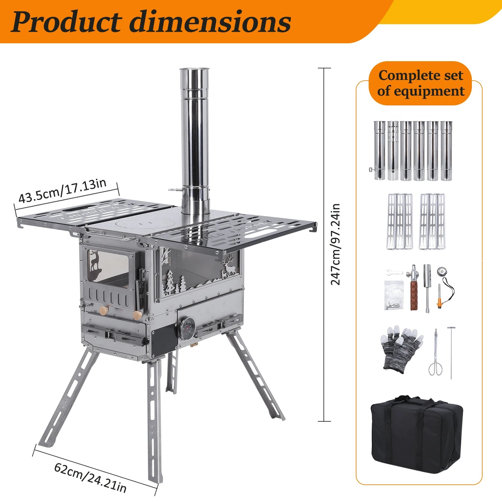 Wood Burning Tent Stove 6 Section Stainless Steel Chimney Portable Hot Tent Stove for Camping, Hunting, Ice Fishing Backpacking
