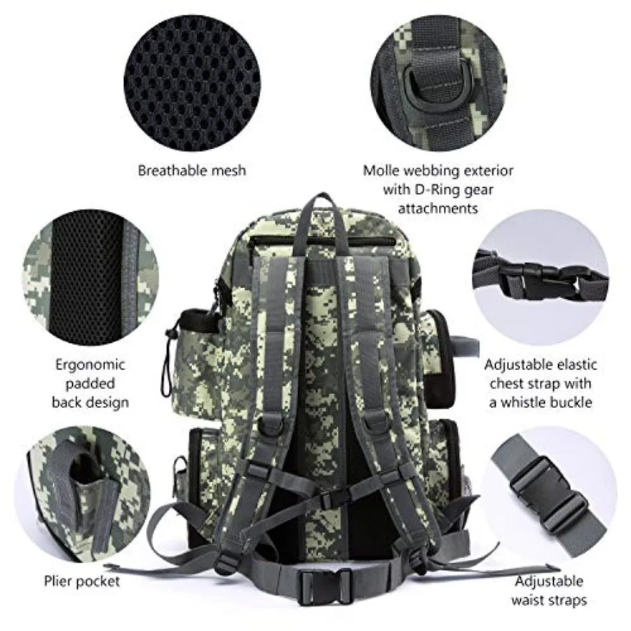 Fishing Tackle Backpack Water Resistant Tactical Bag Soft Tackle Box with Rod Holder and Protective Rain Cover