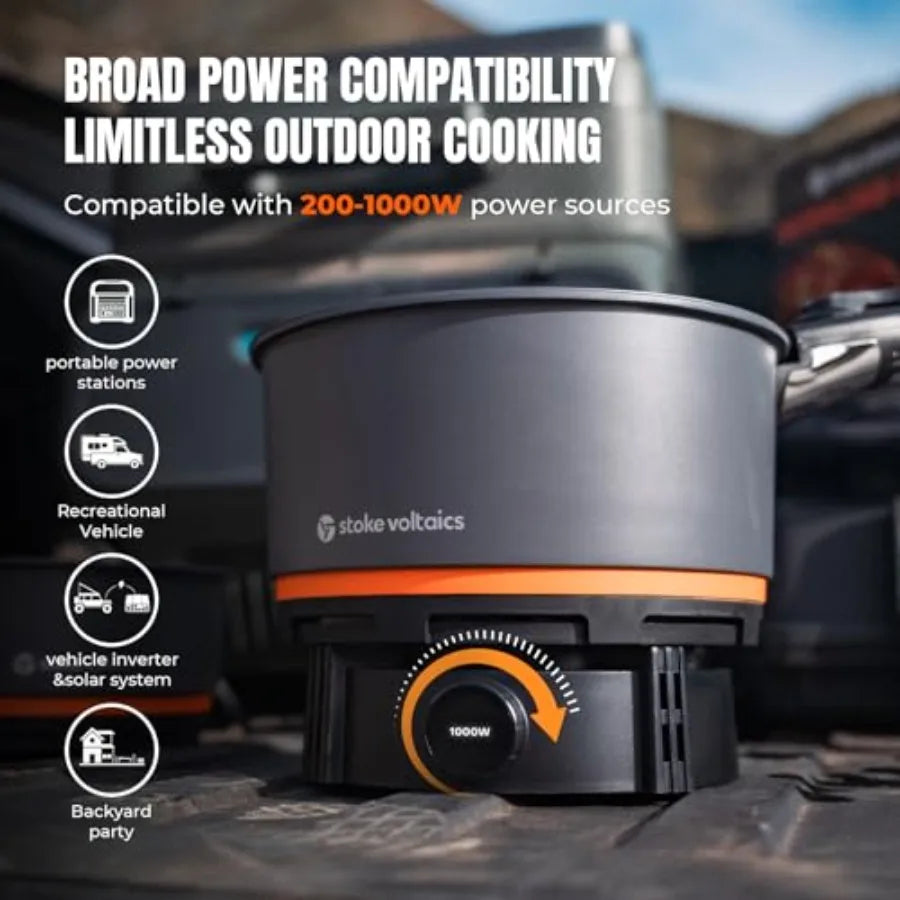 Electric Camping Stove 200-1000W with Pan Pot 120V Portable Outdoor Cooking Gear Set Windproof Cookware for RV EV Overland Vanl