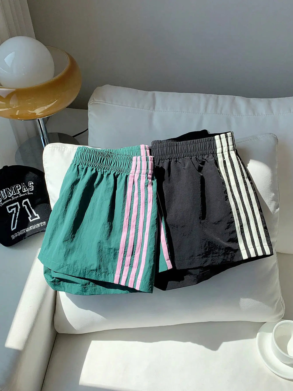 2pcs Women's Side Stripe Elastic Waist Loose Sports Shorts, Summer Casual Streetwear, Black & Green