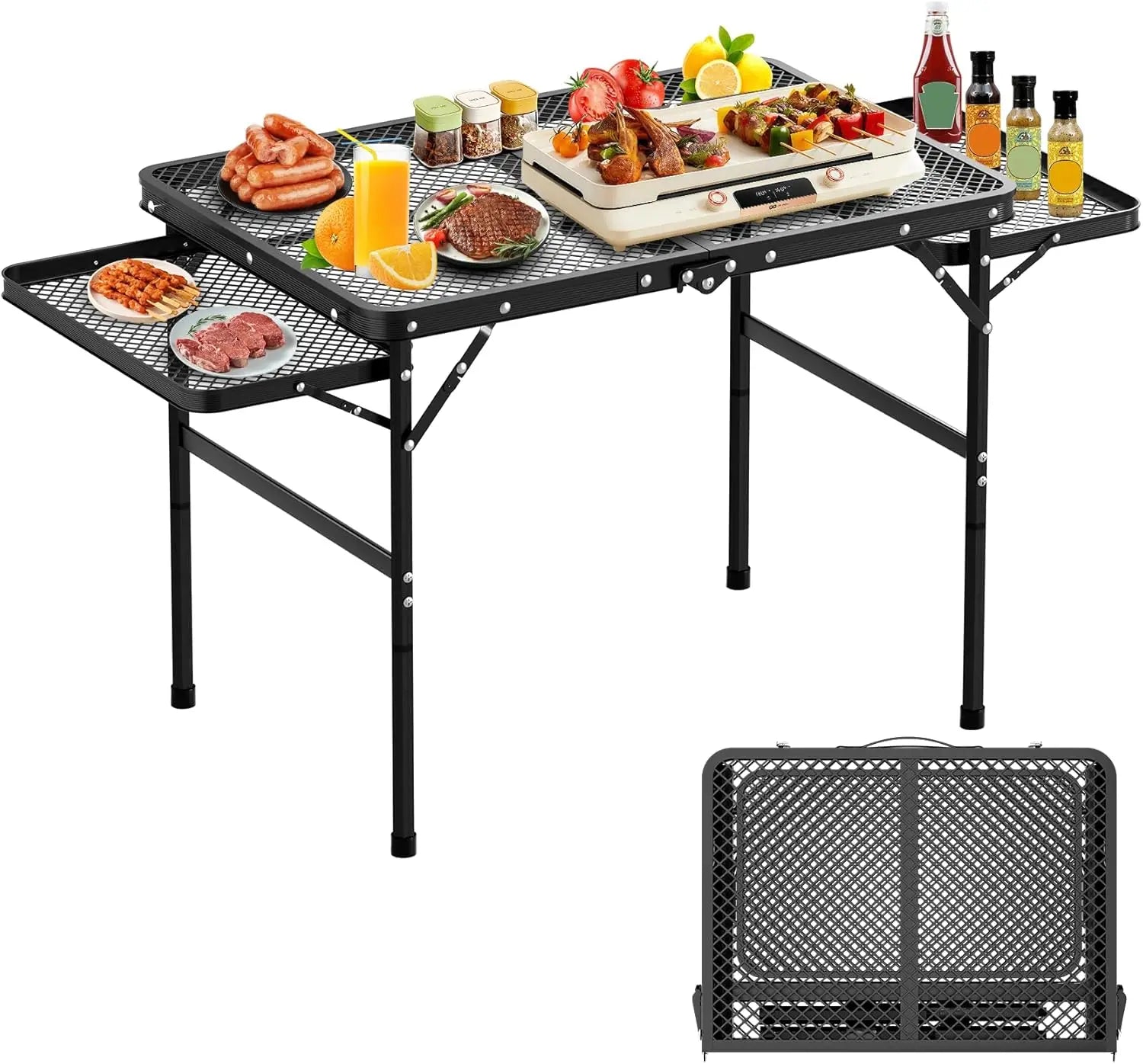 Adjustable Portable Camping Grill Table with 2 Extra Desks, Metal Outdoor BBQ Table, 53.14 x 26.6 x 23.6 in, Large Size