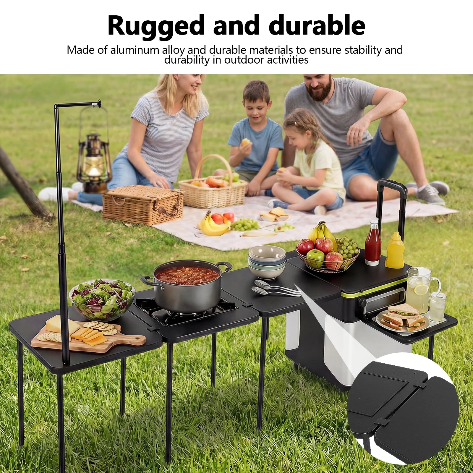 Portable Folding Kitchen Table with Wheels Portable Folding Camp Cook Station with Light Poles for Home BBQ Tailgates Cookouts