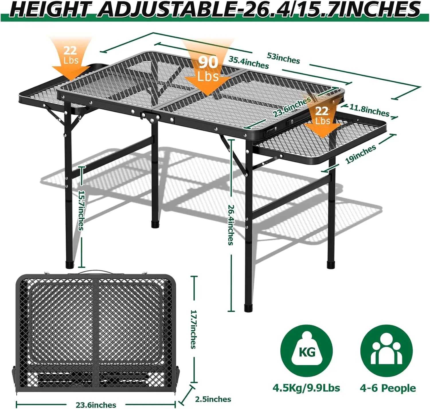 Adjustable Portable Camping Grill Table with 2 Extra Desks, Metal Outdoor BBQ Table, 53.14 x 26.6 x 23.6 in, Large Size