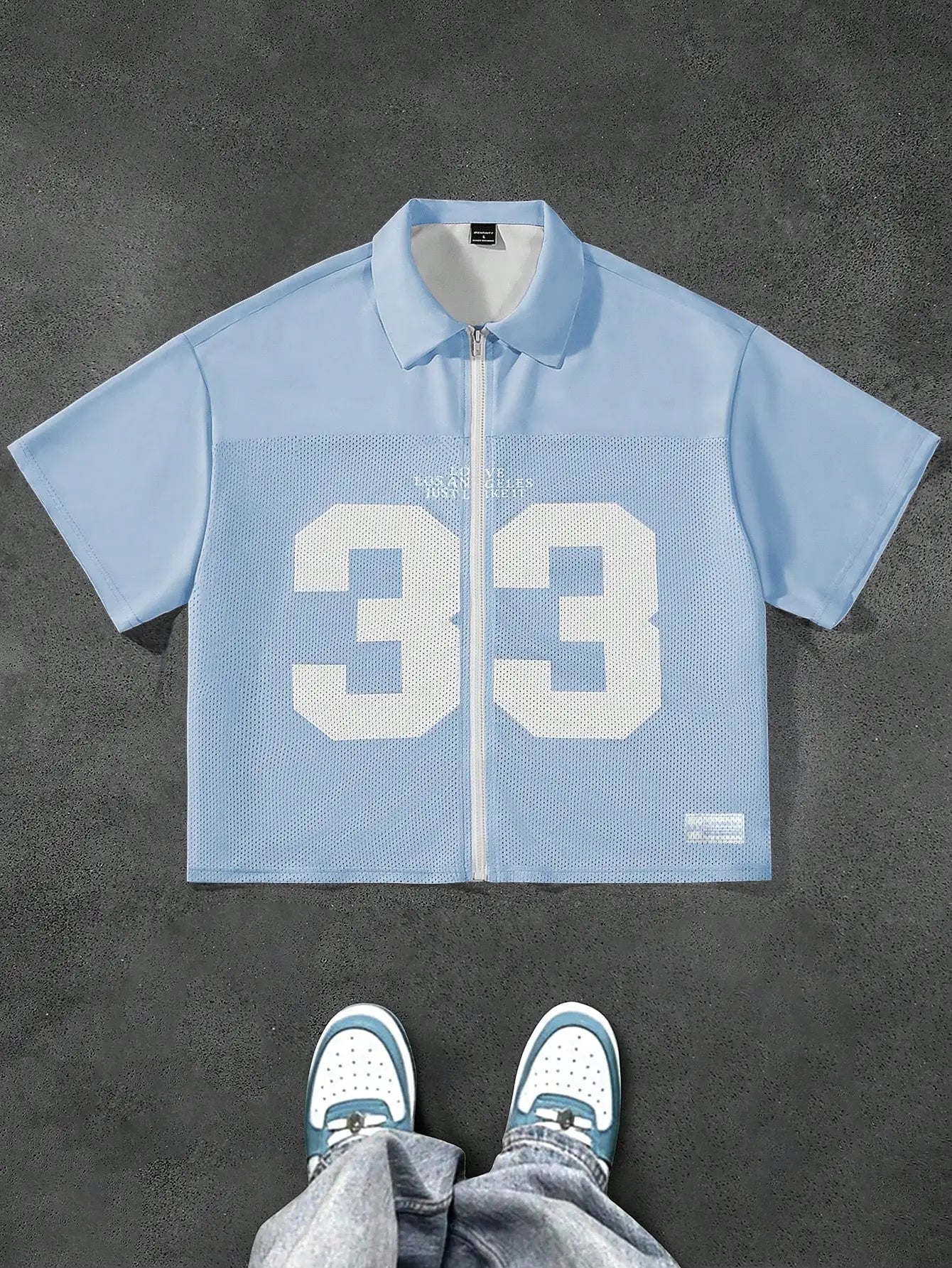 Men's Light Blue Cropped Zip-Front Mesh Panel Shirt with Numeric Print