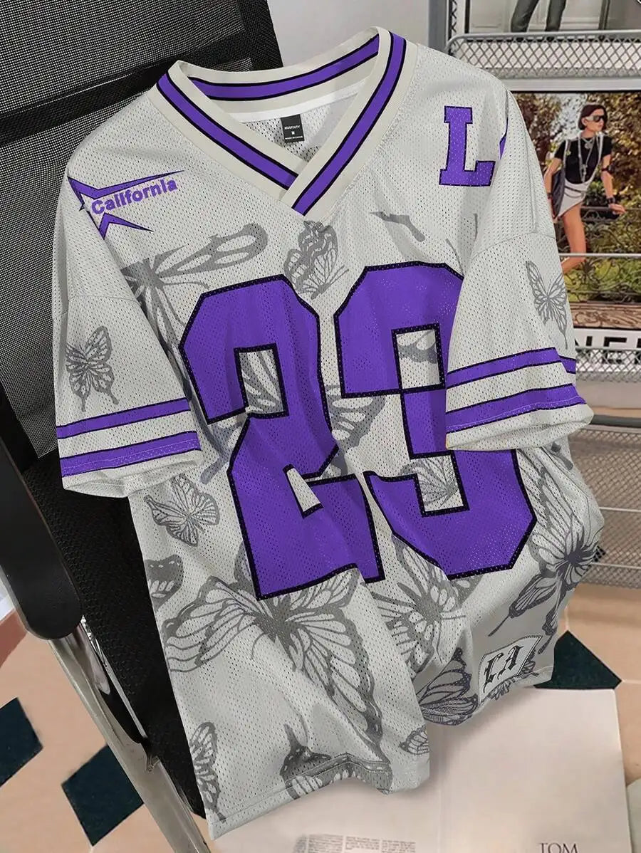 Men's Oversized Mesh Jersey Tee with Bold Number Print and Butterfly Pattern, Red & Cream V-Neck Streetwear Top