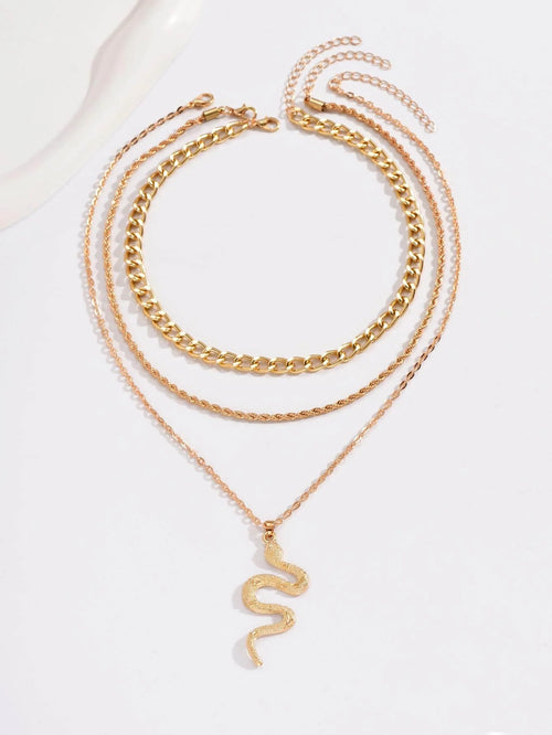 3-Layer Gold Snake Pendant Necklace Set for Women, Chunky Chain & Rope Layering Jewelry