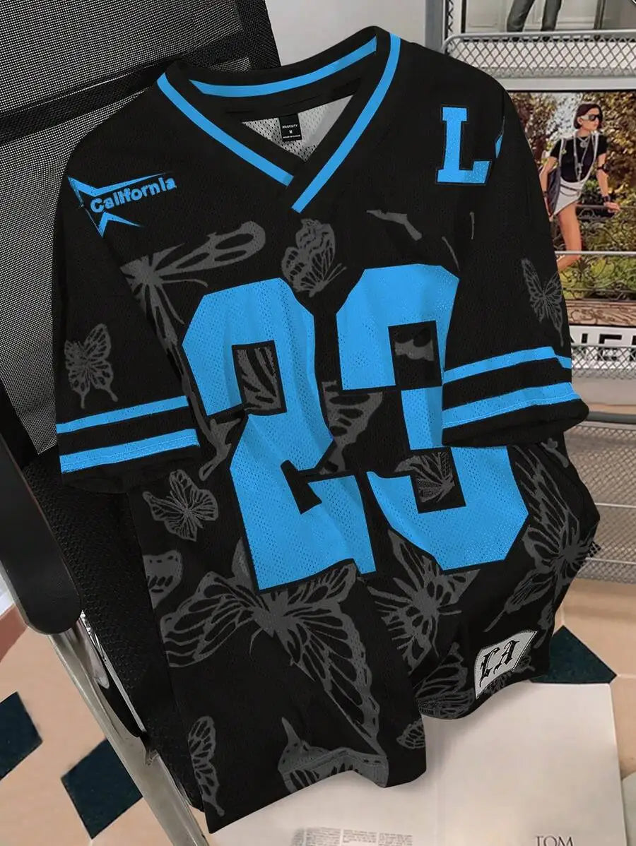 Men's Oversized Mesh Jersey Tee with Bold Number Print and Butterfly Pattern, Red & Cream V-Neck Streetwear Top