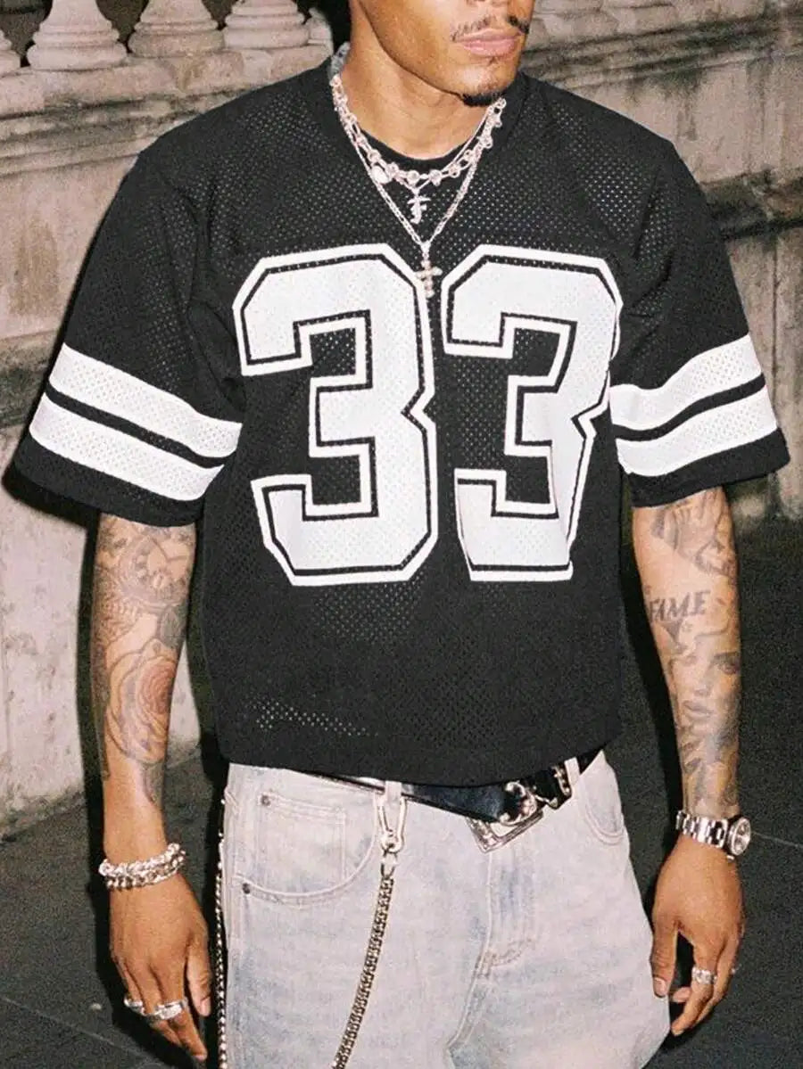 Men's Navy Mesh Jersey Tee with Bold Numeric Print and Stripe Sleeves